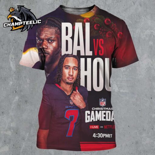 NFL Christmas Gameday 2024 Baltimore Ravens Versus Houston Texas Live On Netflix All Over Print Shirt