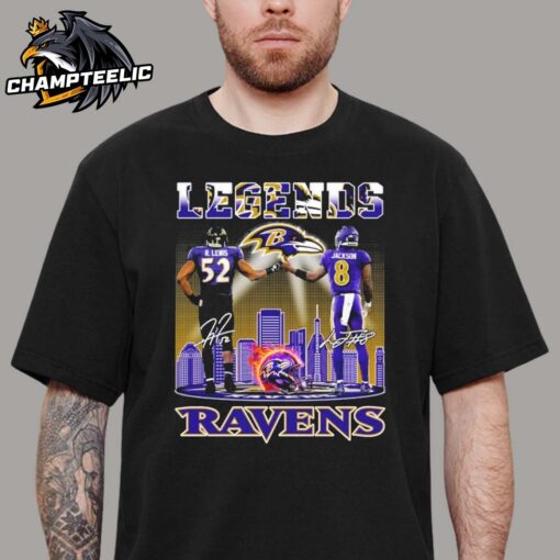 Baltimore Ravens Legends Ray Lewis And Lamar Jackson Fist Bump Baltimore Skyline 2024 NFL Playoffs Unisex Shirt