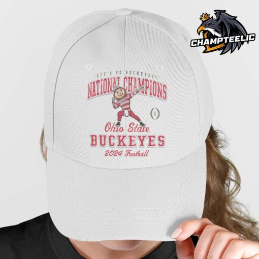 Ohio State Buckeyes College Football Playoff 2024 National Champions Mascot Let’s Go Buckeyes White Cap Hat Snapback